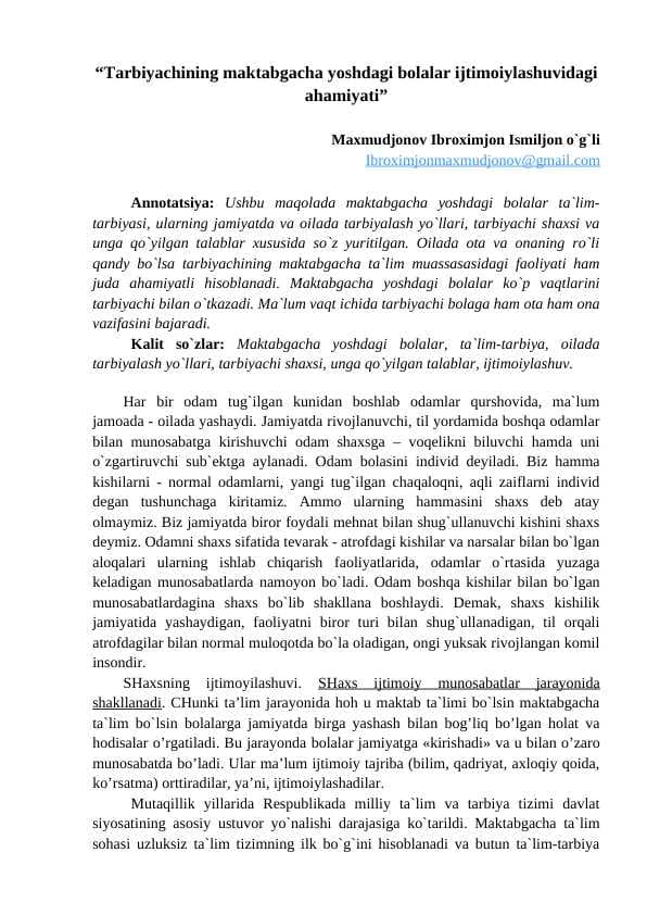“Tarbiyachining maktabgacha yoshdagi bolalar ijtimoiylashuvidagi ahamiyati”
