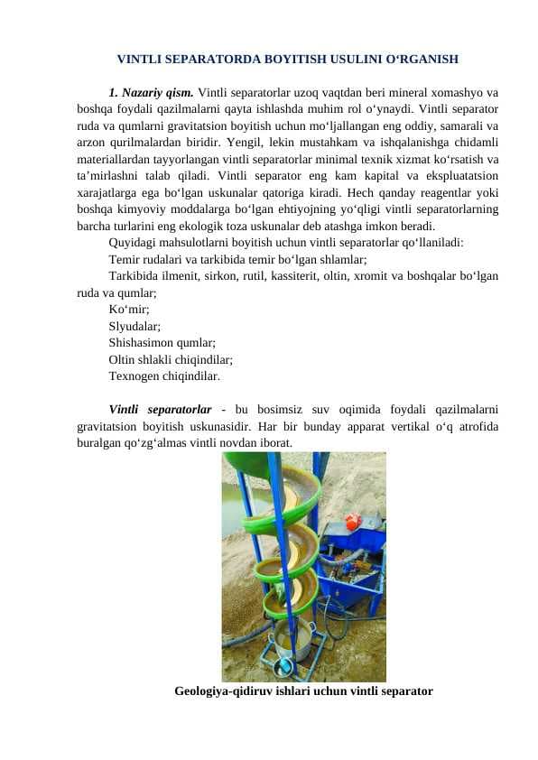 Vintli separatorlarda boyitsih usulini o'rganish