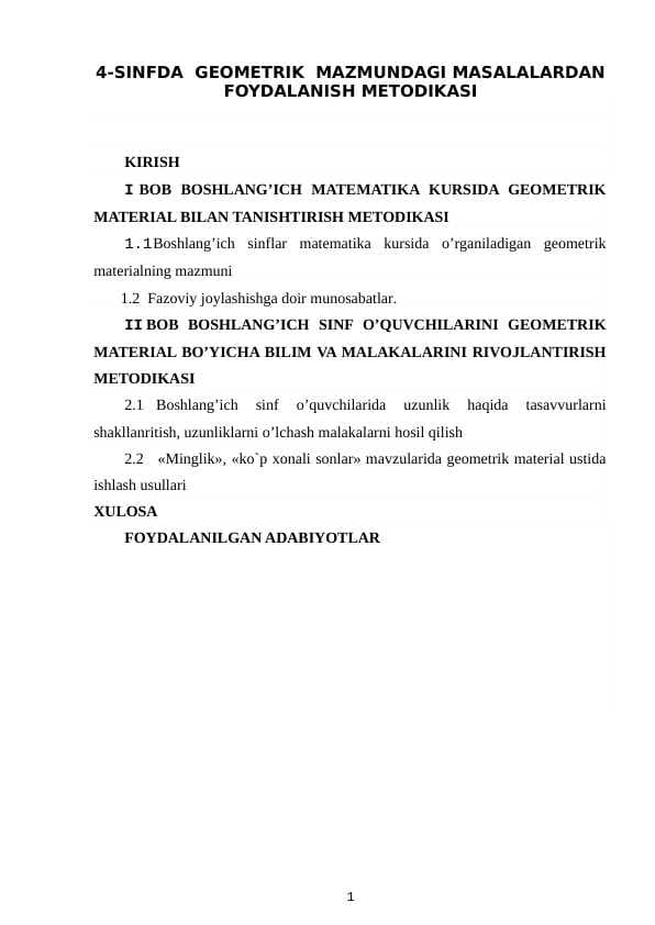 4-SINFDA  GEOMETRIK  MAZMUNDAGI MASALALARDAN  FOYDALANISH METODIKASI