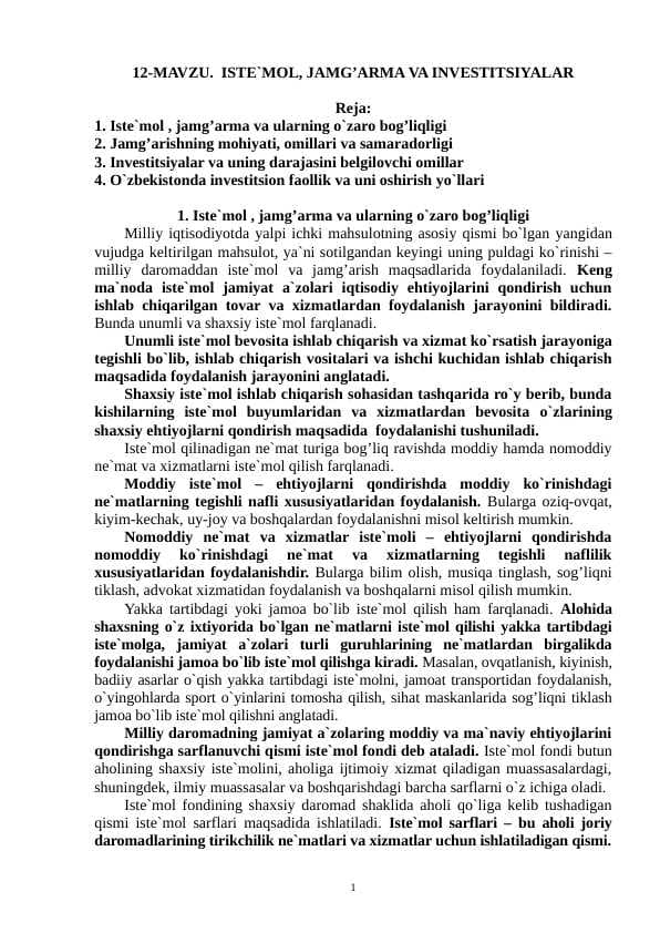 Iste`mol, jamg’arma va investitsiyalar
