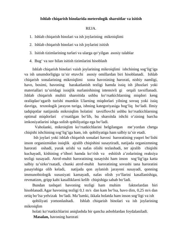 Ishlab chiqarish binolarida meterologik sharoitlar va isitish