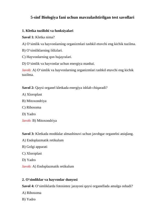5-sinf Biologiya fani uchun mavzulashtirilgan test savollari
