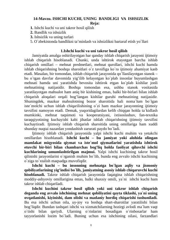 Ishchi kuchi, uning bandligi va ishsizlik