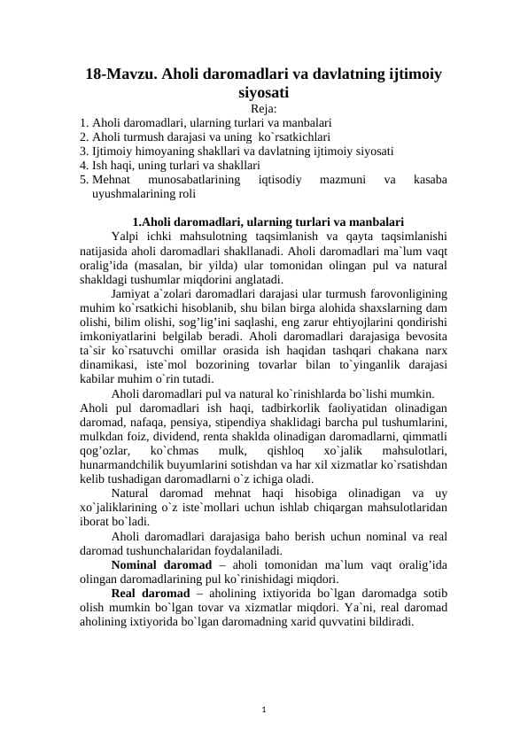 Aholi daromadlari va davlatning ijtimoiy siyosati
