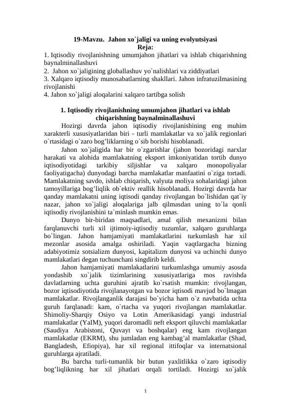 Jahon xo`jaligi va uning evolyutsiyasi