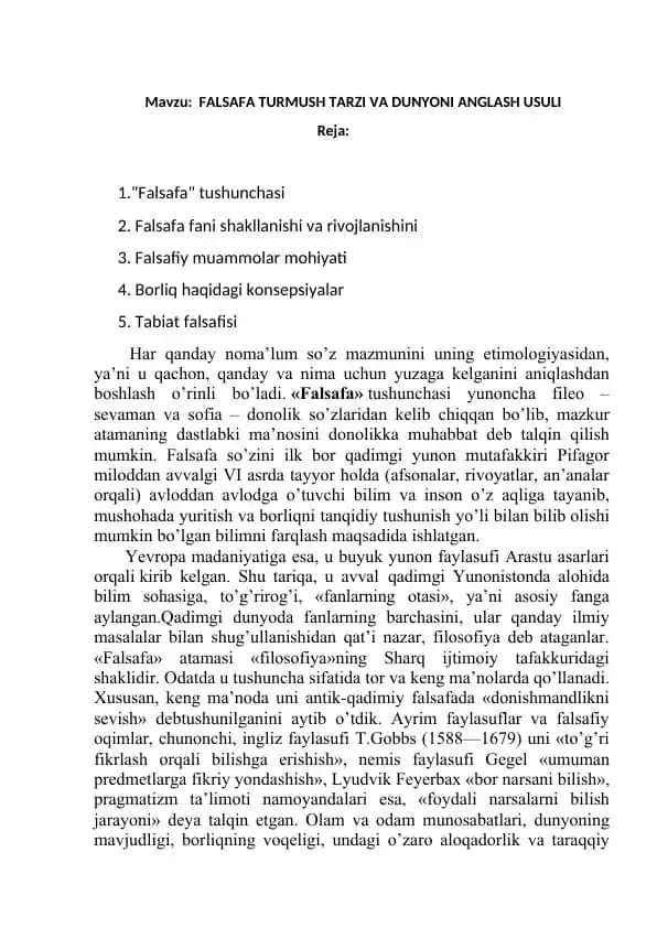 FALSAFA TURMUSH TARZI VA DUNYONI ANGLASH USULI