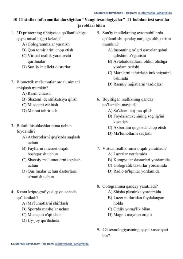 10-11 sinf informatika test