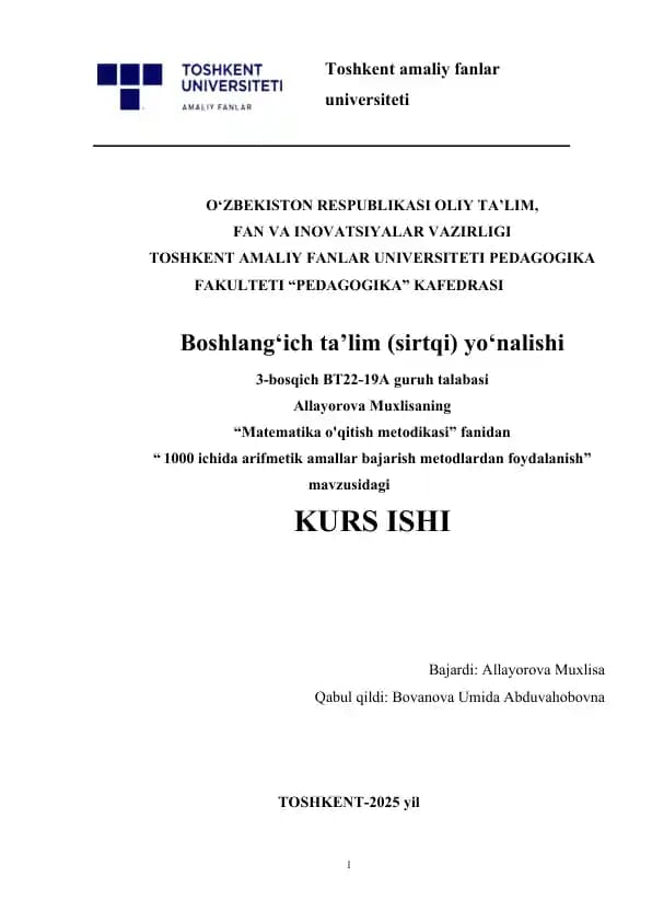 "Matematika o'qitish metodikasi"  1000 ichida arifmetik amallar bajarish metodlardan foydalanish