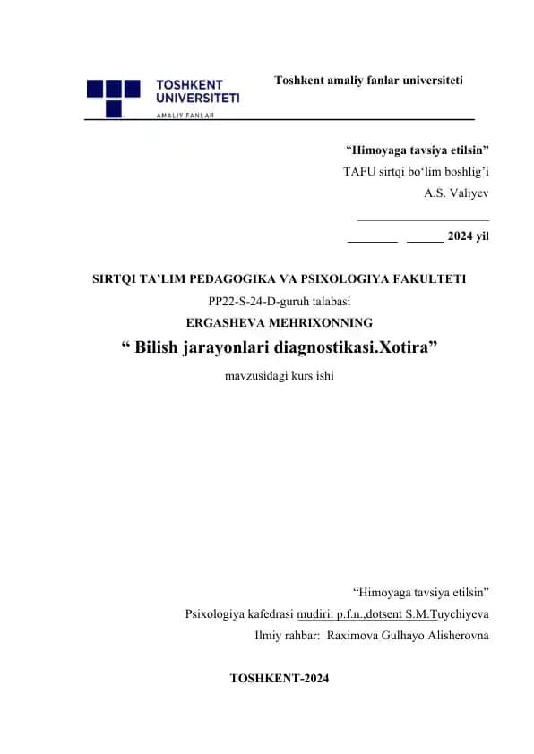 Bilish jarayonlari diagnostikasi.Xotira