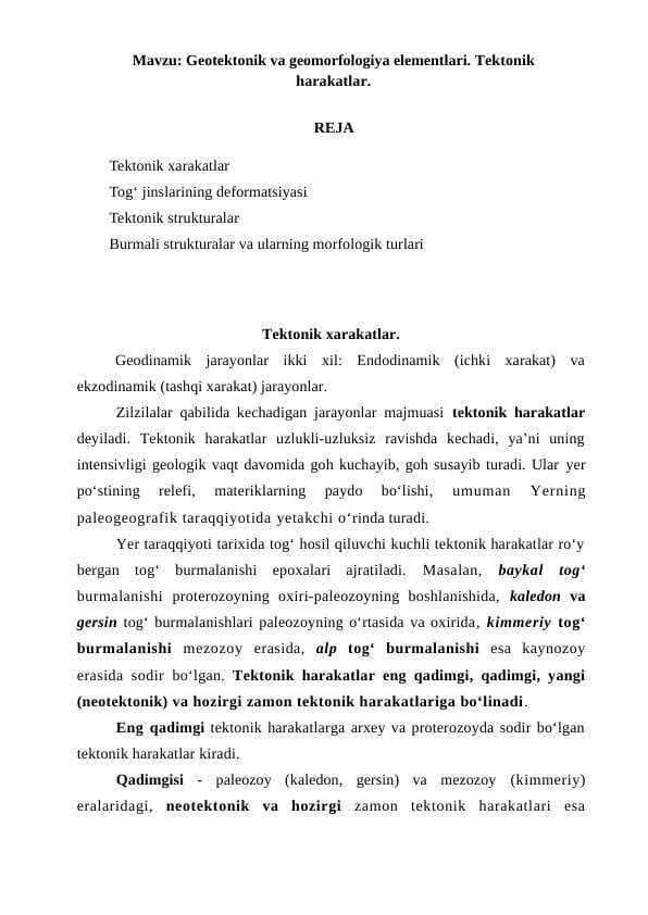 Geotektonik va geomorfologiya elementlari. Tektonik harakatlar