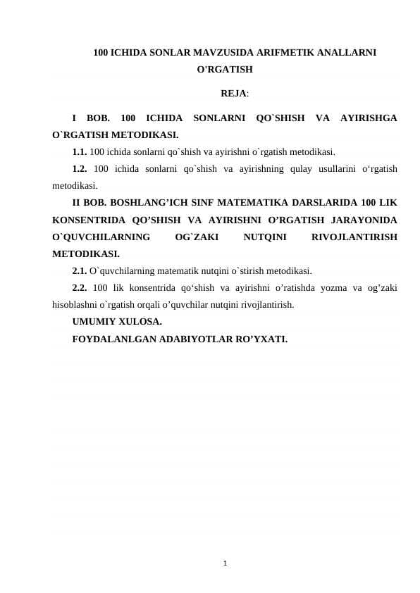 100_ICHIDA SONLAR MAVZUSIDA ARFIMETIK AMALLARNI OʻRGATISH