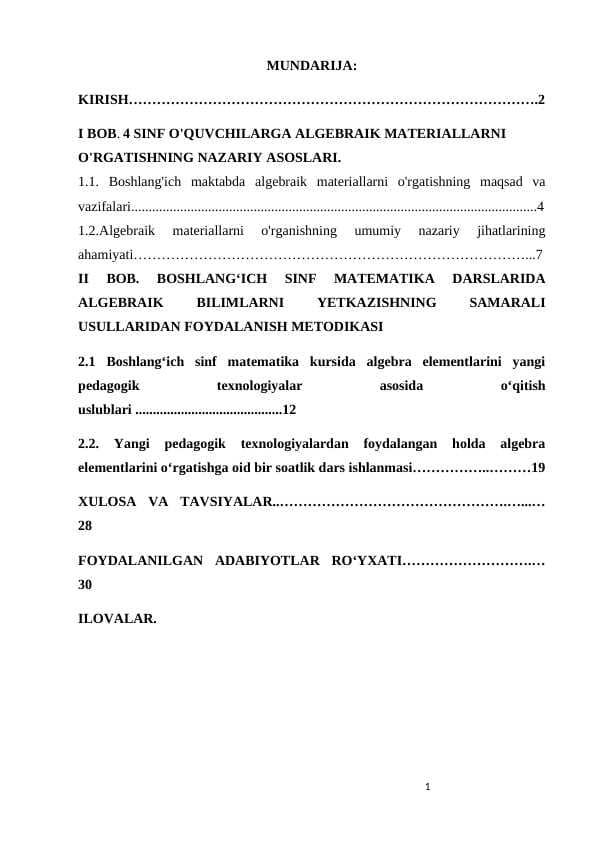4_SINF OʻQUVCHILARIGA ALGEBRALIK MATERIALLARNI OʻRGATISH METODIKASI