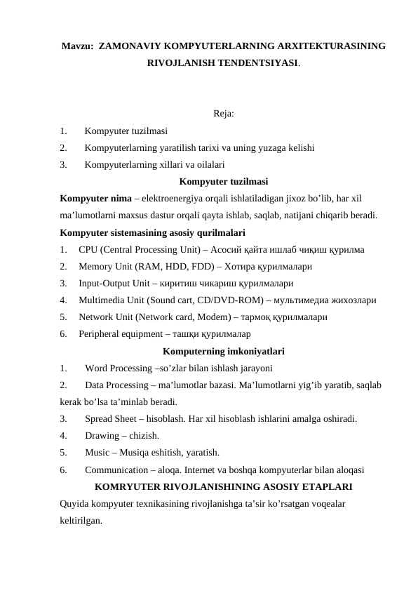 ZAMONAVIY KOMPYUTERLARNING ARXITEKTURASINING RIVOJLANISH TENDENTSIYASI.