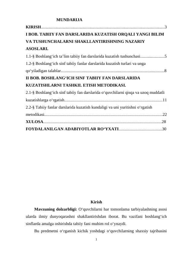 TABIIY FAN DARSLARIDA KUZATISH ORQALI YANGI BILIM VA TUSHUNCHALARNI SHAKLLANTIRISHNING NAZARIY ASOSLARI