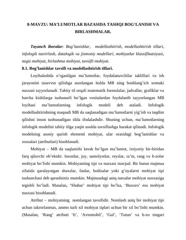 MA’LUMOTLAR BAZASIDA TASHQI BOG‘LANISH VA BIRLASHMALAR.