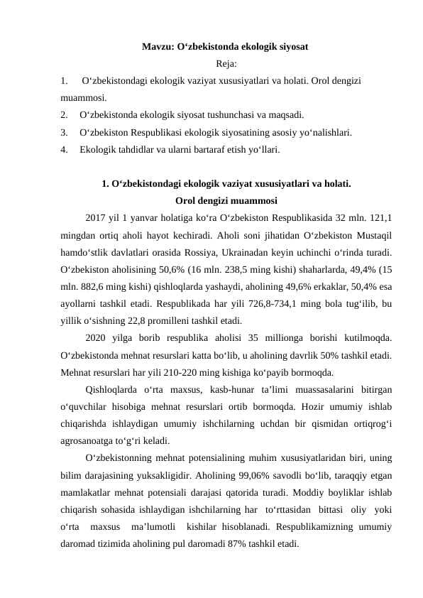 O'zbekistonda ekologik siyosat