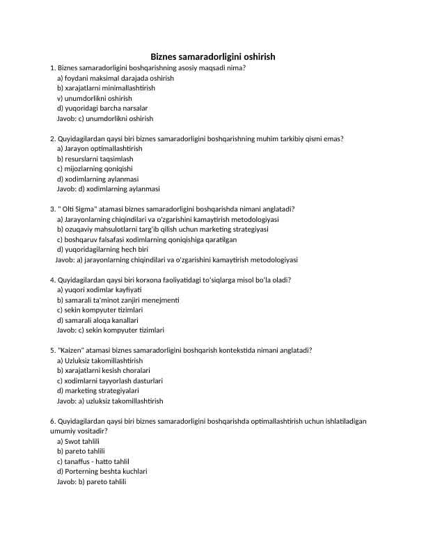 Biznes samaradorligini oshirish TEST JAVOBI BILAN
