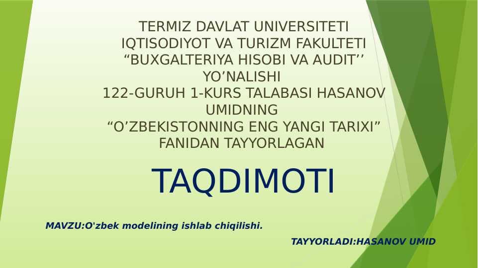 O'zbek modelining ishlab chiqilishi. TARAQQIYOTNING O'ZBEK MODELI