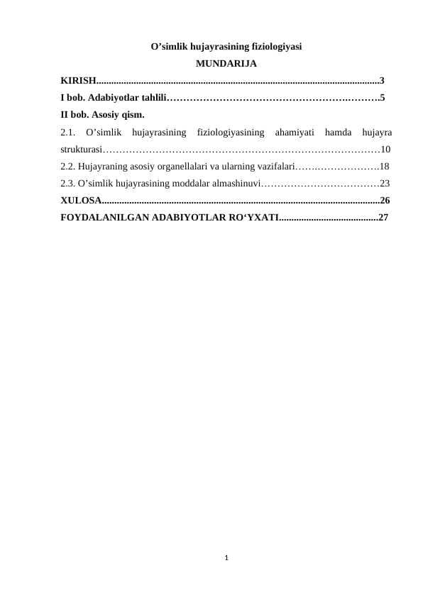O’simlik hujayrasining fiziologiyasi