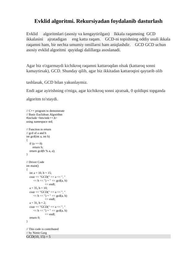 Evklid algoritmi. Rekursiyadan foydalanib dasturlash