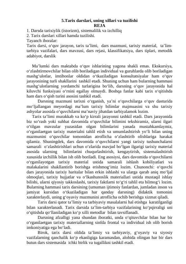 Tarix darslari uning xillari va turlari