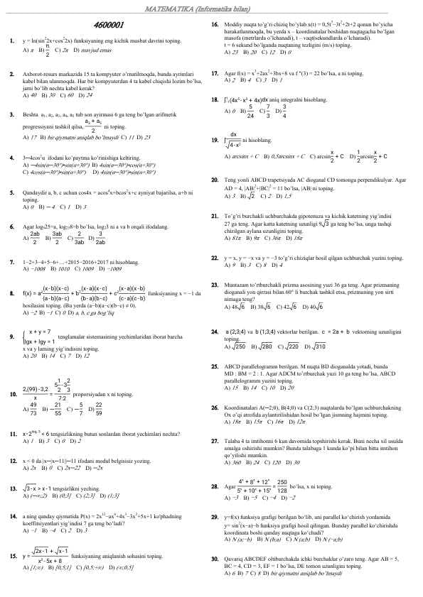 DTM da tushgan 1080 ta test. Matematikadan javoblari eng oxirida.