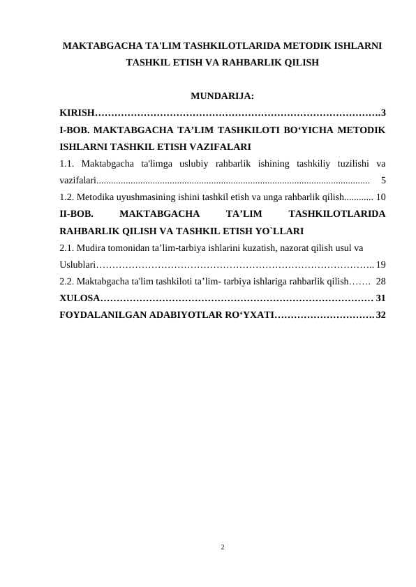 MAKTABGACHA TA'LIM TASHKILOTLARIDA METODIK ISHLARNI TASHKIL ETISH VA RAHBARLIK QILISH