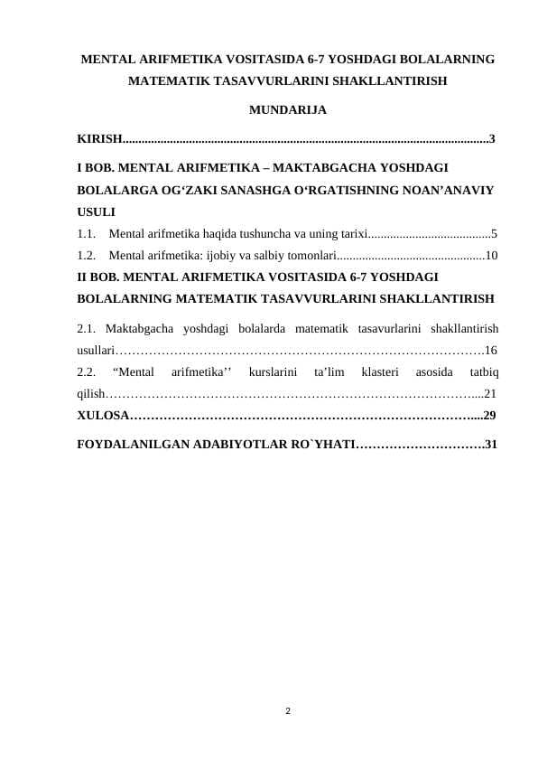 MENTAL ARIFMETIKA VOSITASIDA 6-7 YOSHDAGI BOLALARNING MATEMATIK TASAVVURLARINI SHAKLLANTIRISH