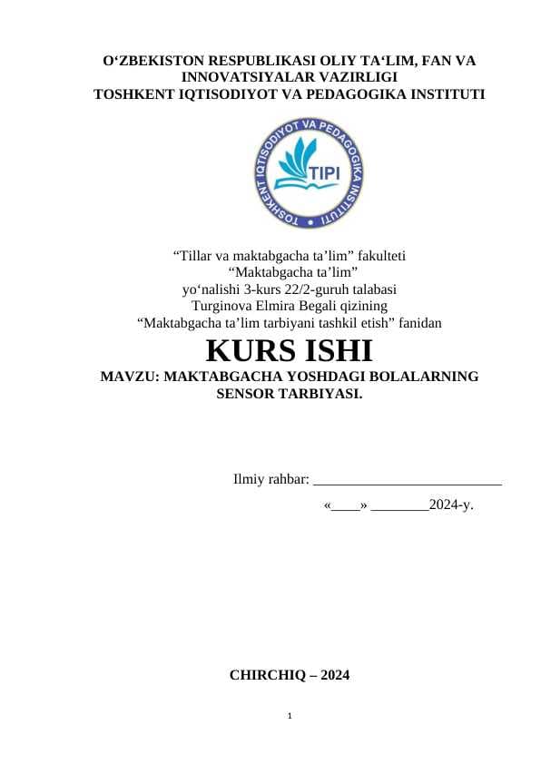 MAKTABGACHA YOSHDAGI BOLALARNING SENSOR TARBIYASI.
