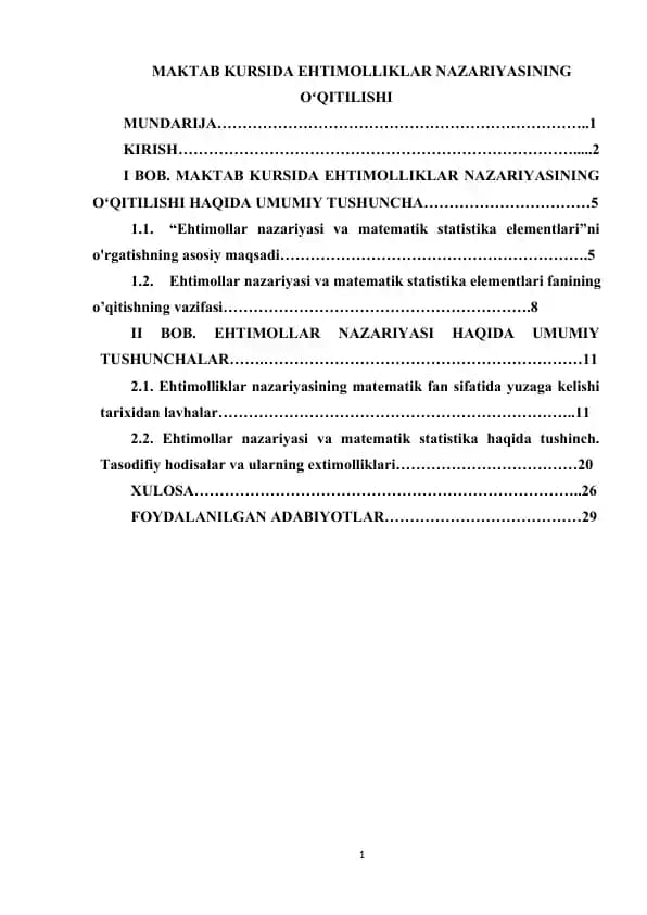 MAKTAB KURSIDA EHTIMOLLIKLAR NAZARIYASINING OʻQITILISHI
