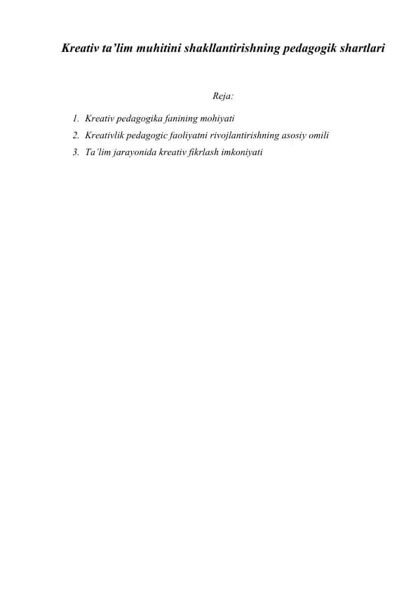 Kreativ ta'lim muhitini shakllantirishning pedagogik shakllari