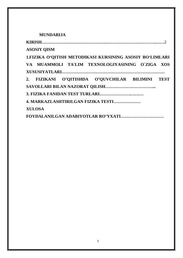 FIZIKANI O’QITISHDA O’QUVCHILAR BILIMINI TEST SAVOLLARI BILAN NAZORAT QILISH