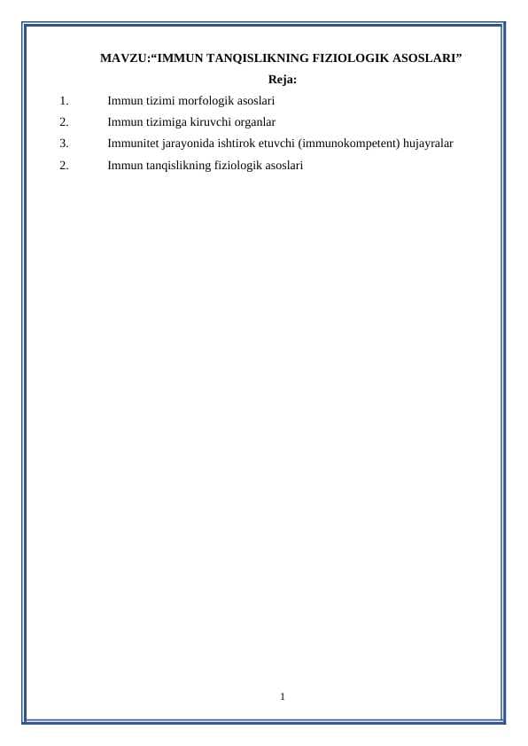IMMUN TANQISLIKNING FIZIOLOGIK ASOSLARI