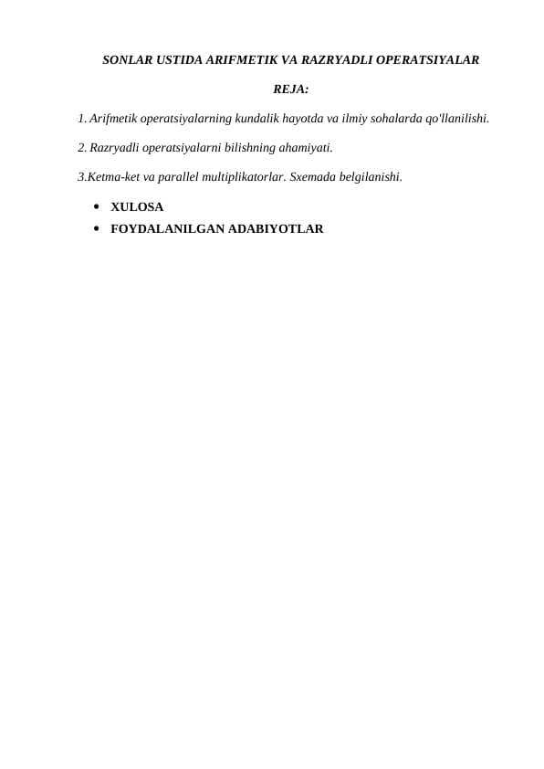 SONLAR USTIDA ARIFMETIK VA RAZRYADLI OPERATSIYALAR