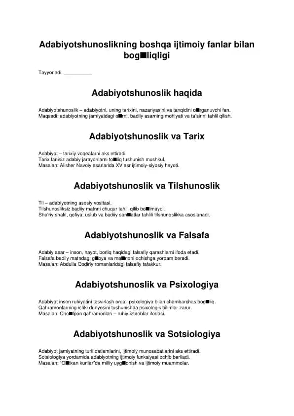 Adabiyotshunoslikning boshqa ijtimoiy fanlar bilan bog'liqliği