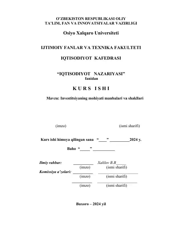 Investitsiyaning mohiyati manbalari va shakllari