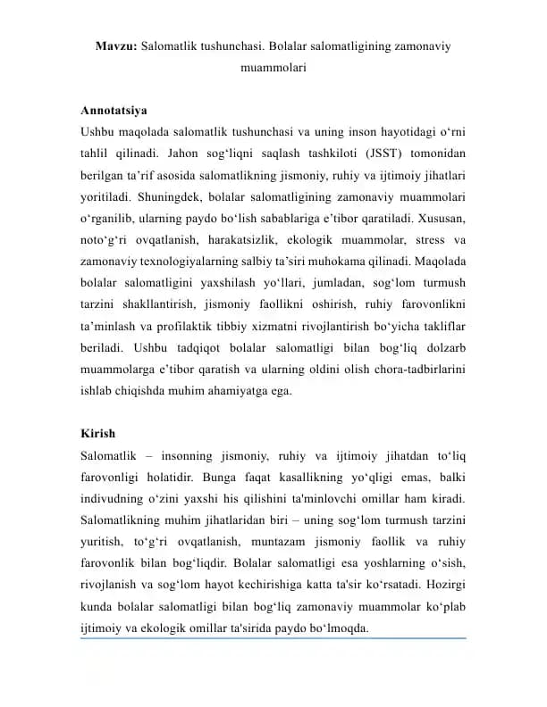 Bolalar salomatligining zamonaviy muammolari