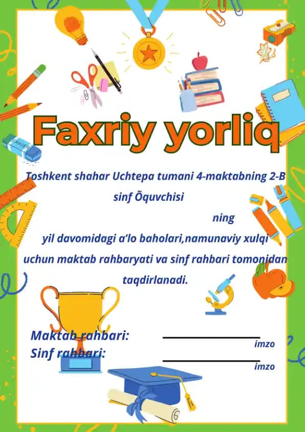 Mahsulot nomi: Uchtepa tumani 4-maktabning 2-B sinfi oquvchisi
