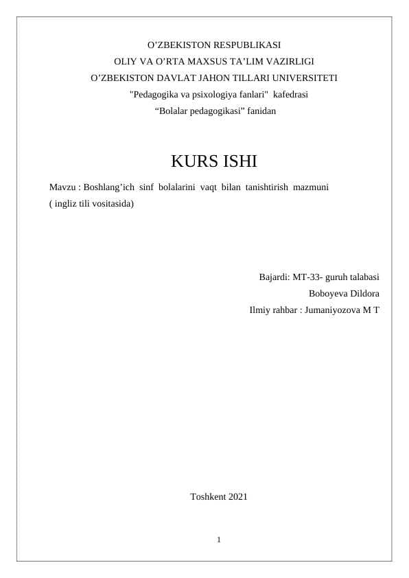 Boshlangʻich sinf bolalarni vaqt bilan tanishtirish mazmuni