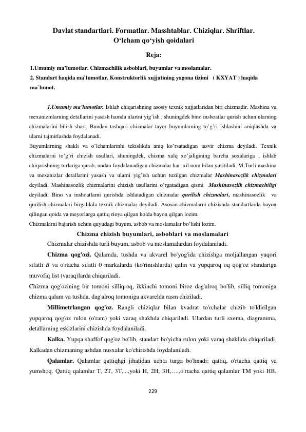 Davlat standartlari. Formatlar. Masshtablar. Chiziqlar. Shriftlar. О'lcham qо'yish qoidalari