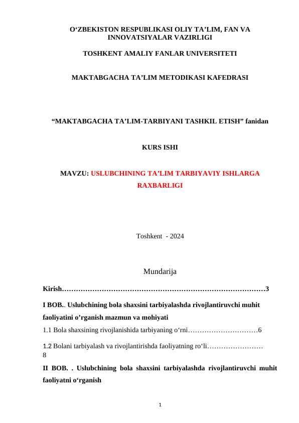 Uslubchining taʼlim tarbiya ishlariga rahbarligi