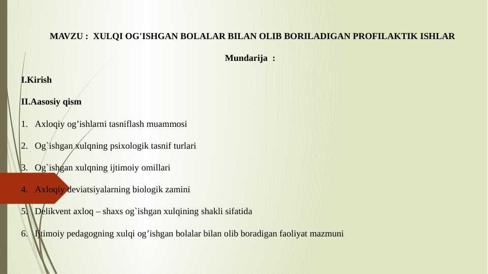 XULQI OG'ISHGAN BOLALAR BILAN OLIB BORILADIGAN PROFILAKTIK ISHLAR