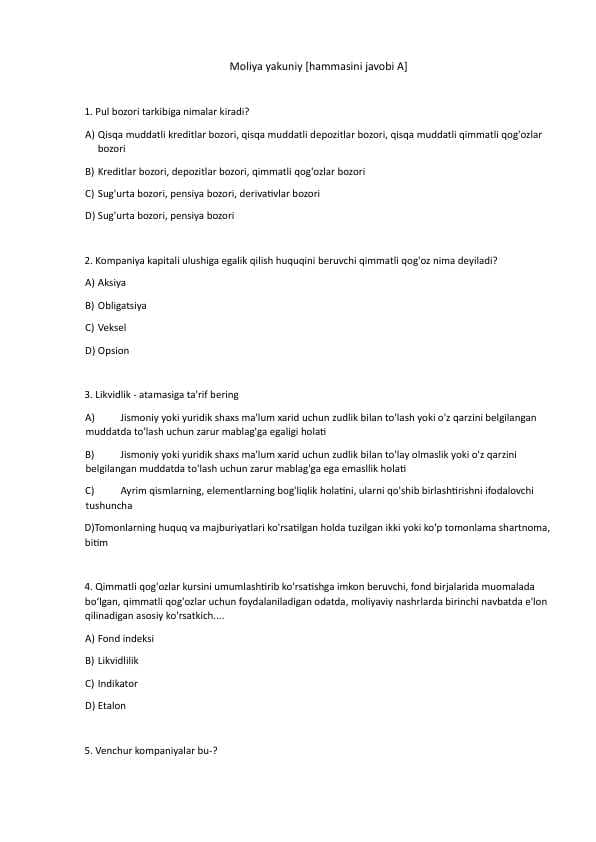 MOLIYA test savollari javoblari bilan