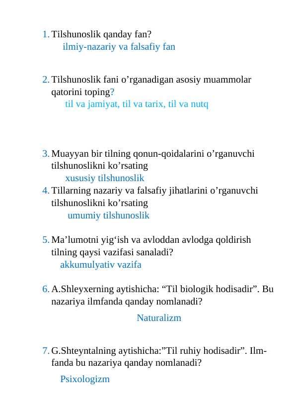 Tilshunoslik test savollari javoblari bilan
