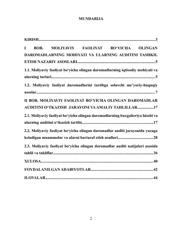 Moliyaviy faoliyat bo‘yicha olingan daromadlarning auditini tashkil etish nazariy asoslari