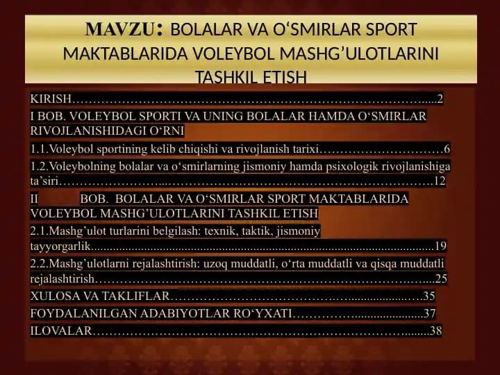 BOLALAR VA O‘SMIRLAR SPORT MAKTABLARIDA VOLEYBOL MASHG’ULOTLARINI TASHKIL ETISH