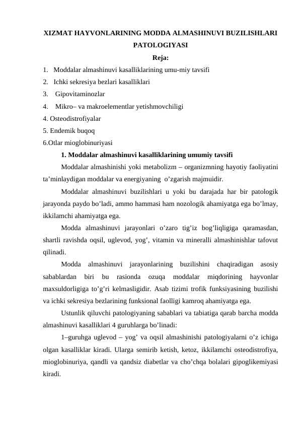 XIZMAT HAYVONLARINING MODDA ALMASHINUVI BUZILISHLARI PATOLOGIYASI
