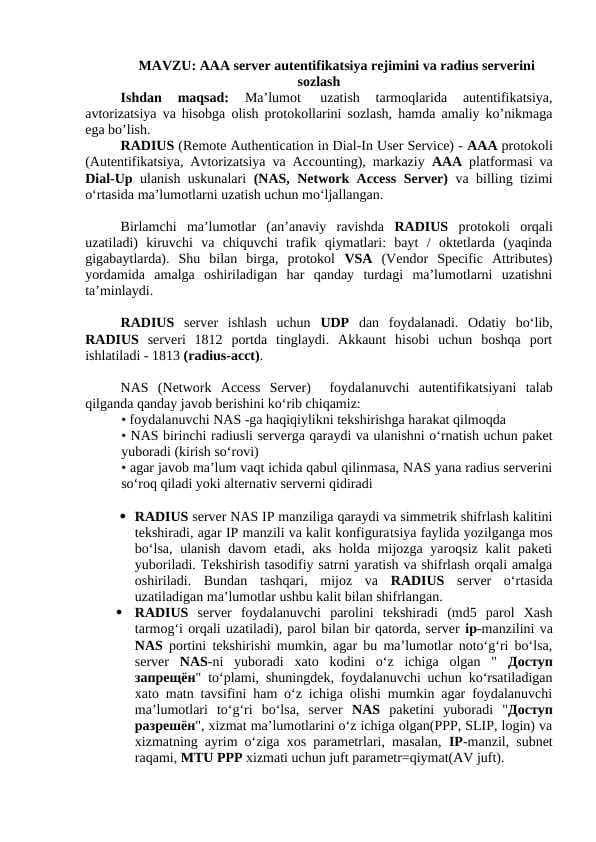 AAA server autentifikatsiya rejimini va radius serverini sozlash