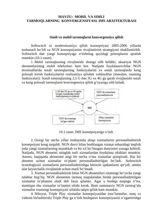 MOBIL VA SIMLI TARMOQLARNING  KONVERGENSIYASI. IMS ARXITEKTURASI