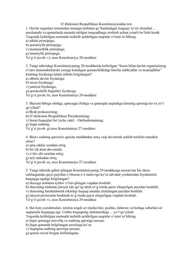 O’zbekiston Respublikasi Konstitutsiyasidan test